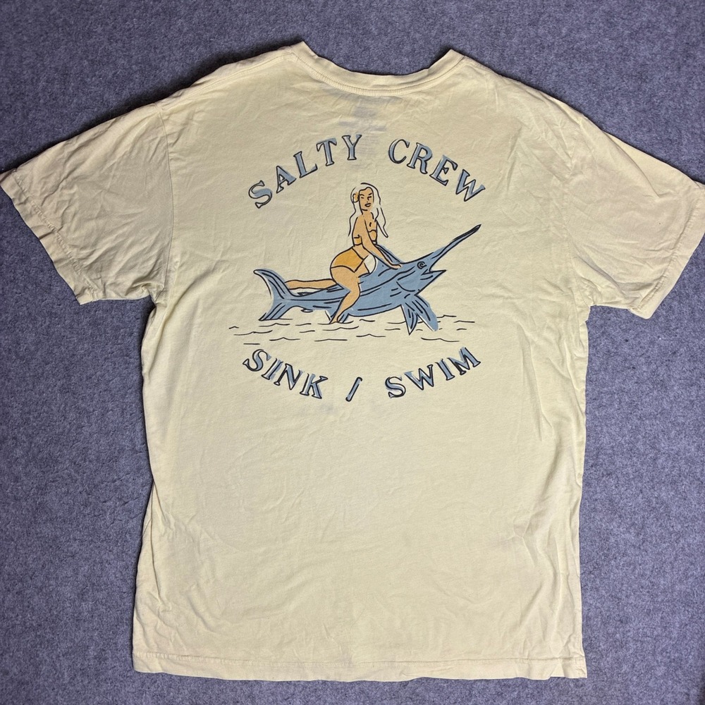 Salty Crew Mens XL Premium Sink Swim Marlin Pinup Graphic T-Shirt Yellow